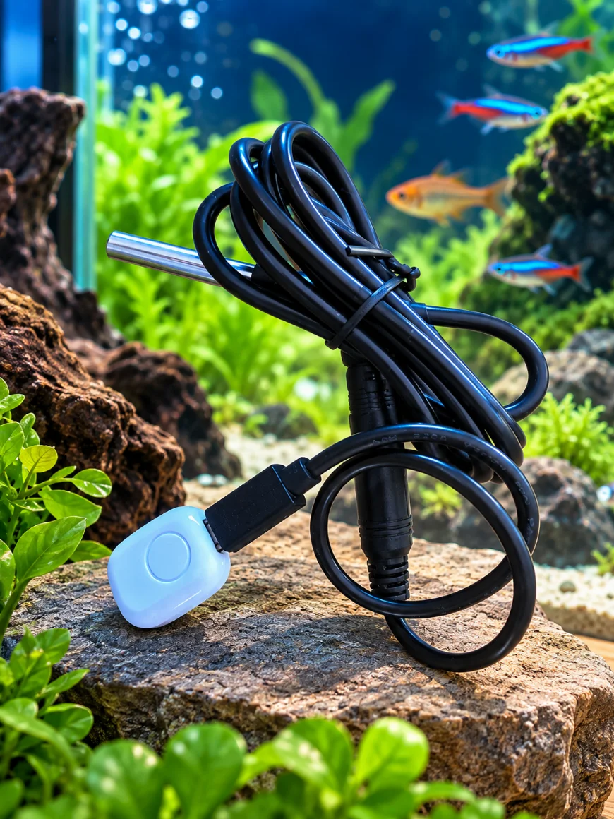 El aparato: una cajita blanca con su sonda de temperatura de acero y dos metros de cable, delante de un acuario plantado