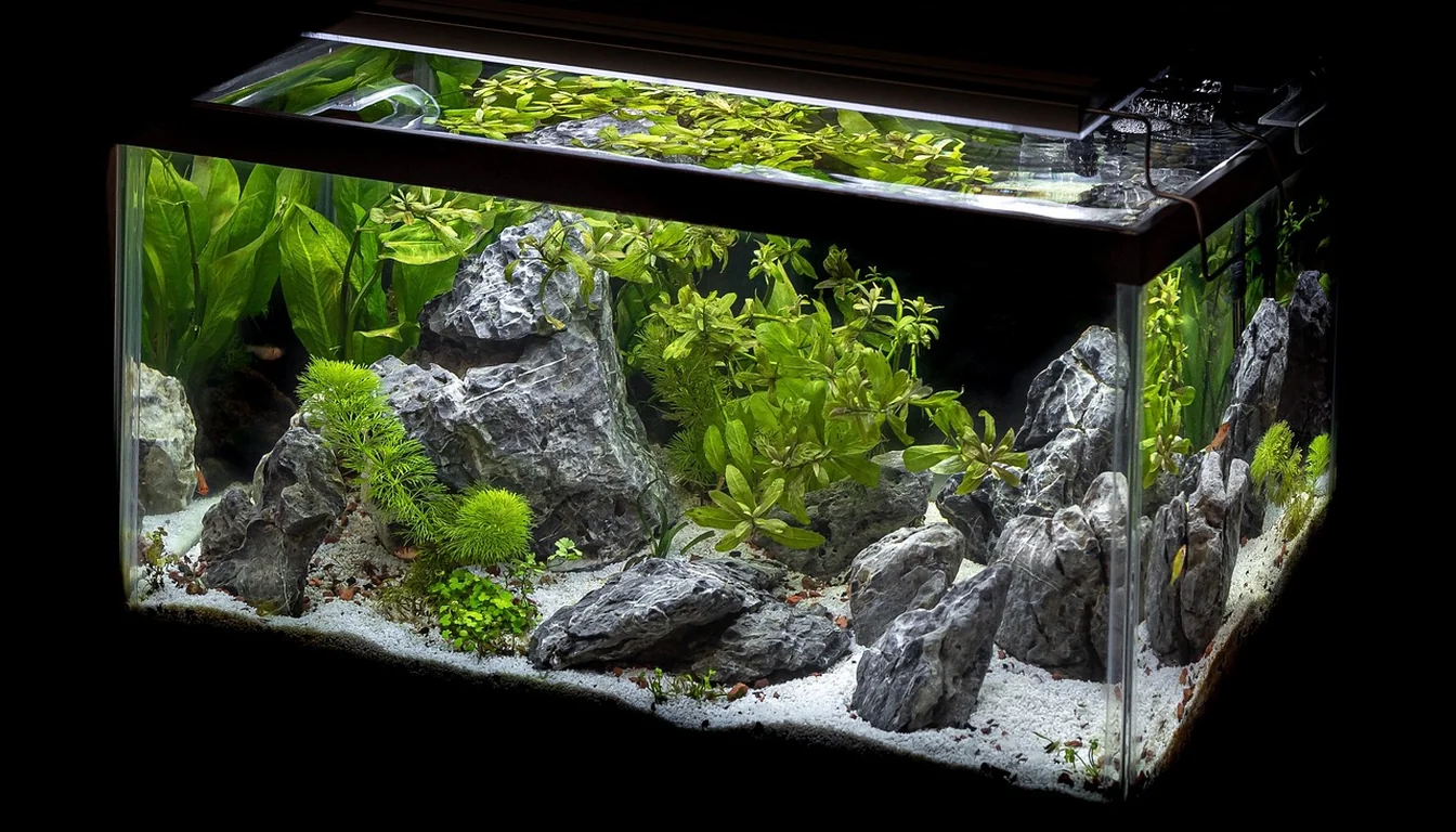 Un acuario plantado de unos 240 litros sobre un mueble de madera en el salón de una casa, con el cable del calentador y el enchufe a la vista