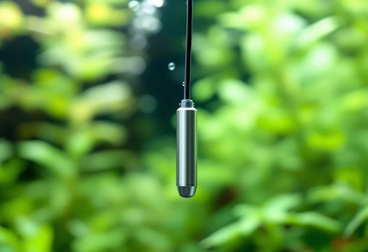 La sonda de temperatura, un cilindro liso de acero colgando de un cable fino dentro del acuario, con las plantas desenfocadas al fondo